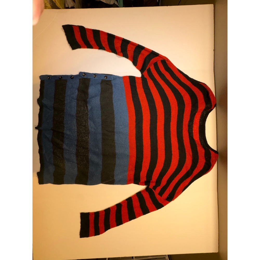 Cecico Womens Striped Colorblock Sweater Red Blue Black Side Button High Low L - Picture 6 of 7